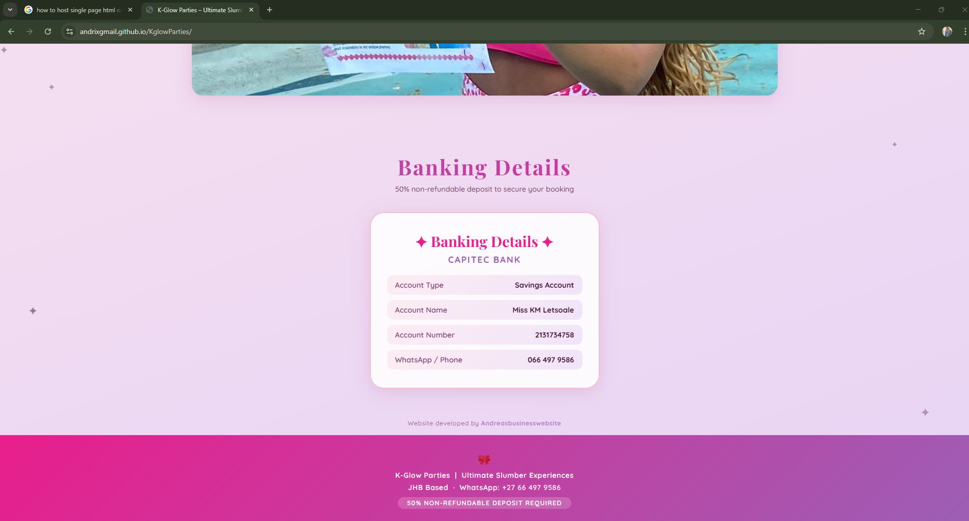 Kglowparties website – bookings